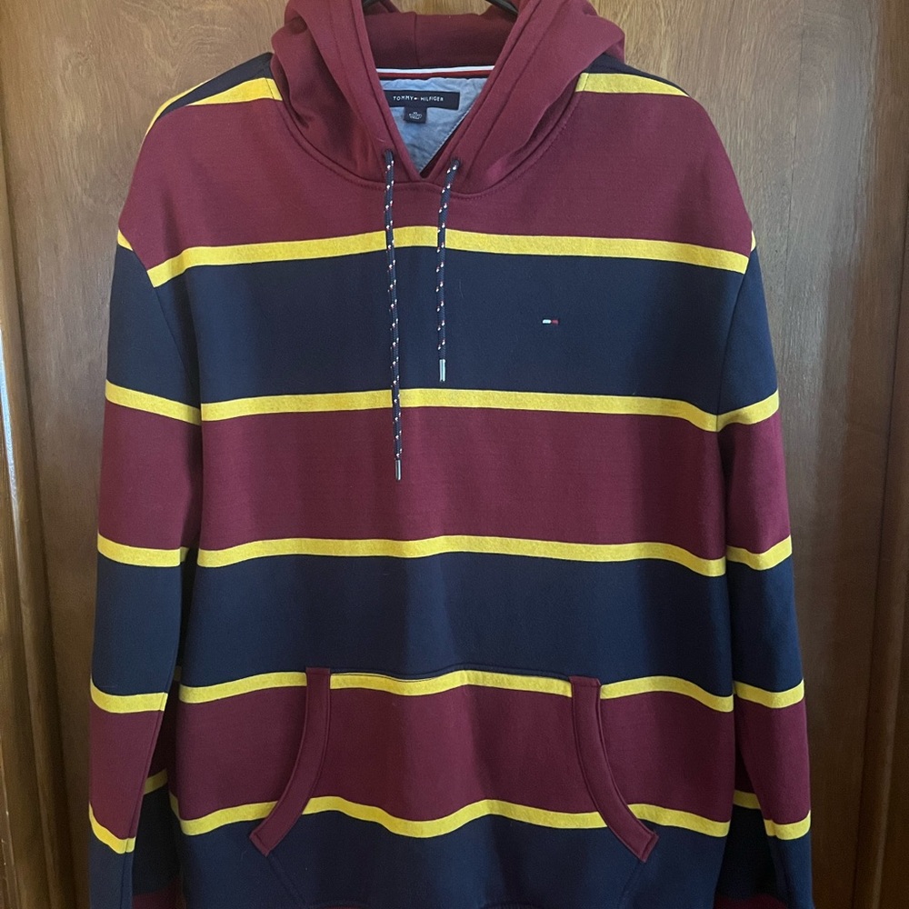 Tommy Hilfiger Men's Hoodie - Burgundy and Yellow Stripes
